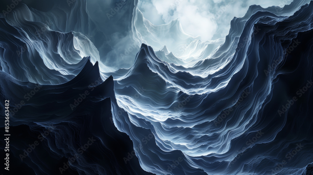 Poster surreal dark 3d landscape with twisted forms and subtle luminescence generative ai