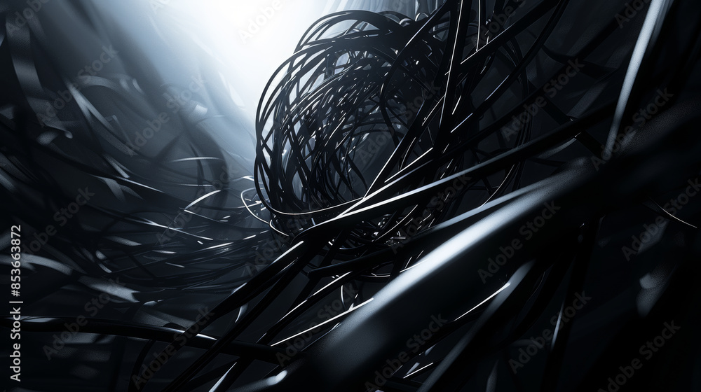 Poster abstract dark 3d composition with complex interlocking shapes and a moody atmosphere generative ai