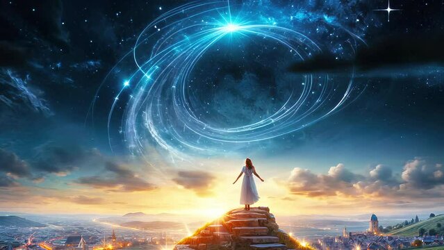 A little cute girl looks hopefully into the starry night sky, a little dreamer and inventor