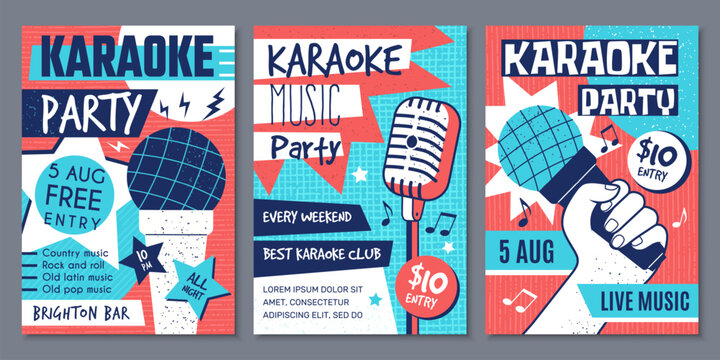 Karaoke poster. Vintage style placard with microphones pictures and place for text karaoke club promotional ads recent vector template