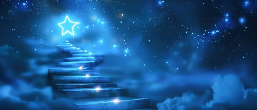 Glowing staircase to a star at the top, illustrating reaching for the stars Celestial background, motivational art