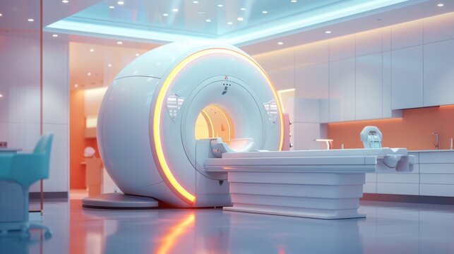 Futuristic MRI machine in a high-tech medical facility, emphasizing advanced healthcare technology