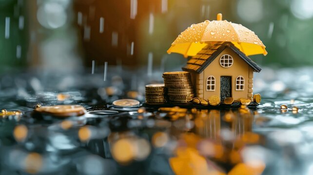 Miniature House Under an Umbrella with Stacked Coins in a Rainy Atmosphere