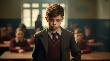 Angry school boy in a class, clasrrom settings
