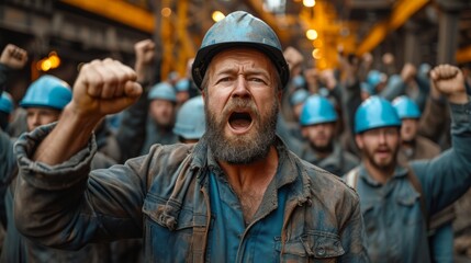 A labor strike at a manufacturing plant. People in hard hats express dissatisfaction, calling for improved work conditions and increased salaries.