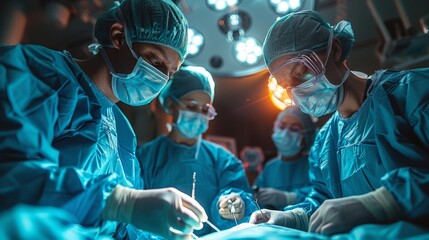 A procession of skilled surgeons conducts an emergency operation, their medical acumen visibly present within the hospital operation room.