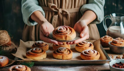 Fototapeta premium Cinnamon bun on a plate: A close-up photo of a woman's hand holding a freshly baked cinnamon bun on a rustic wooden table