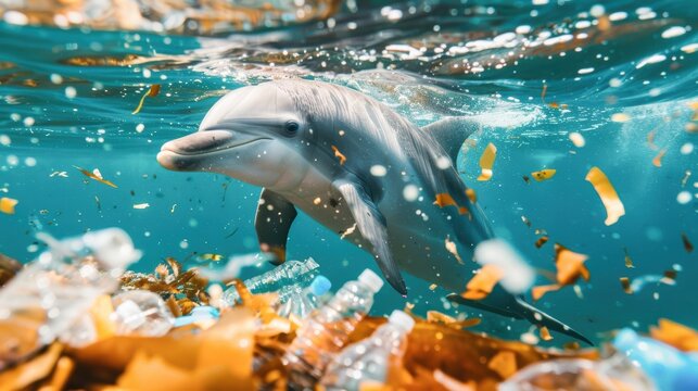 Dolphin struggling with plastic waste, showcasing the harmful effects of ocean pollution