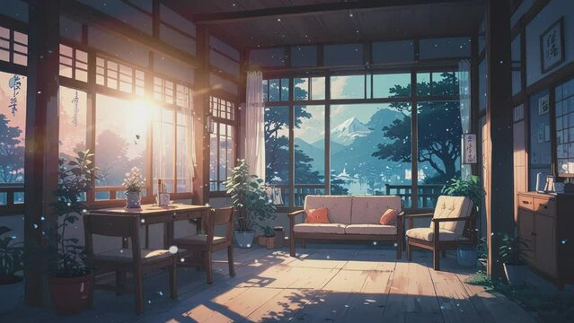Anime-style Video of japanese iving room. There is a sofa, a table, and a chair in the room. The room is lit by sunlight streaming in through the windows.