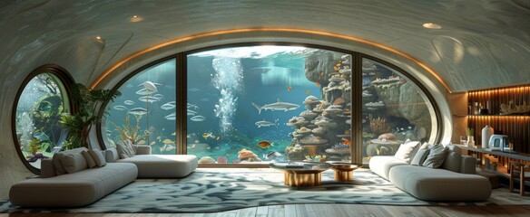 A unique underwater home boasts a luxurious living room with a captivating view of the ocean life, epitomizing high-class living.