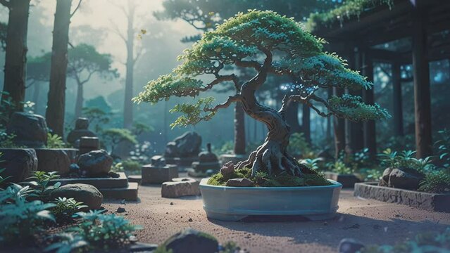 Anime-style Video of a bonsai tree in a pot, with other bonsai trees and rocks in the background.