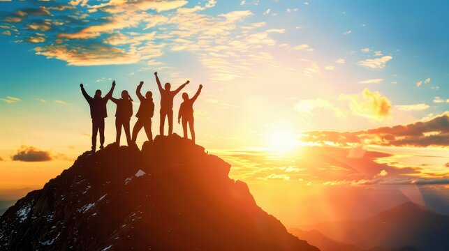 Corporate group lifting each other towards a bright future, emphasizing collaborative success