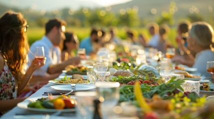 A farm-to-table experience with diners seated at a long table in a field, enjoying dishes made from the surrounding farm’s produce.