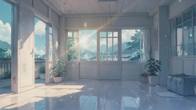 Anime-style Video of a bright, empty room with large windows and white walls. The floor is made of reflective tiles and there are potted plants in the corners of the room.