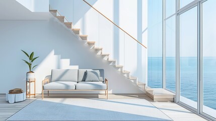 Fototapeta premium Modern Minimalist Living Room with Ocean View