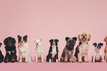 A charming lineup of various dog breeds posing against a soft pink background, capturing their diverse expressions and endearing personalities.
