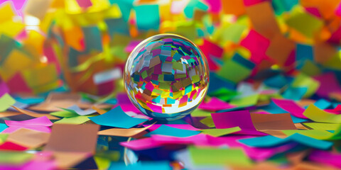 Transparent Orb Centered Among Disarray of Colorful Confetti