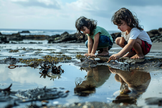 Two children exploring tide pools on a rocky beach, deeply engaged with their discoveries, with the ocean in the background.