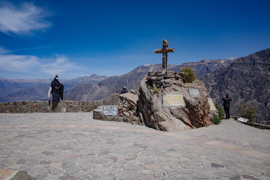 Colca Canyon, Peru - Dec 7, 2023: A performer dressed as an Andean Condor to entertain tourists at the Mirador Cruz del Condor viewpoint