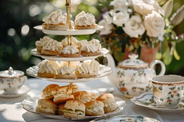 A traditional English high tea setup with scones, clotted cream, and sandwiches, served on fine china.