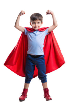 Superhero Kid in Red Cape Flexing Muscles isolated on transparent background

