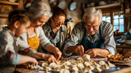 A traditional Polish pierogi making session in a family kitchen, with generations coming together to prepare the dumplings.