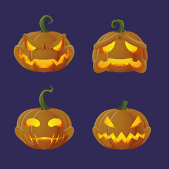 Happy Halloween day orange pumpkins collection carving scary face expression in night version