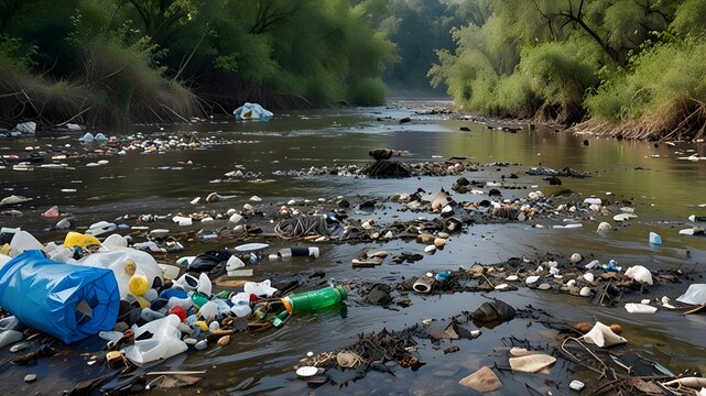 A polluted river filled with plastic waste and debris, surrounded by dirty, cluttered banks. The water is murky and dark, with visible plastic bottles, bags, and other trash floating on the surface. 