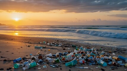A serene beach landscape covered in plastic trash. Discarded water bottles, packaging, and plastic bags are scattered across the sand, with waves washing up more debris. The sunrise or sunset in the b