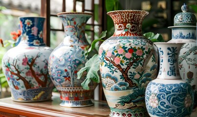designs on traditional Chinese porcelain vases displayed , Generative AI