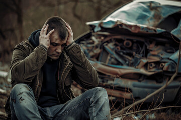 A man sits among the wreckage of a heavily damaged vehicle, holding his head, portraying the aftermath of a traumatic event, accentuated by a somber, outdoor setting.