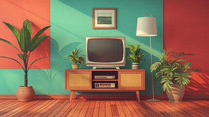 Retro Living Room with Vintage TV and Colorful Wall Design