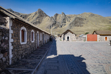 Sibayo, Peru - Dec 5, 2023: Plaza de Armas, the main square in the Andean village of Sibayo, Colca Canyon