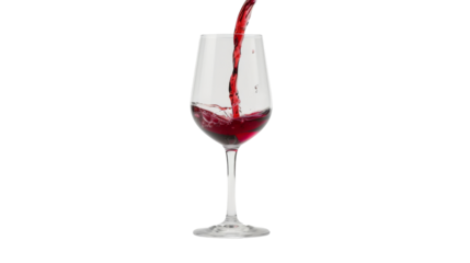 Red wine pouring in glass on white background
