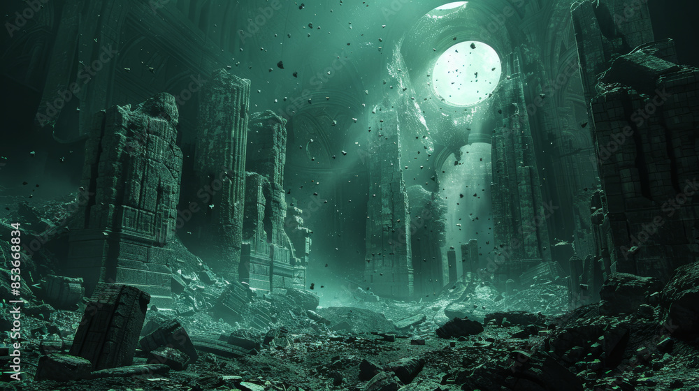 Poster moody dark 3d scene with fragmented elements and intricate details generative ai