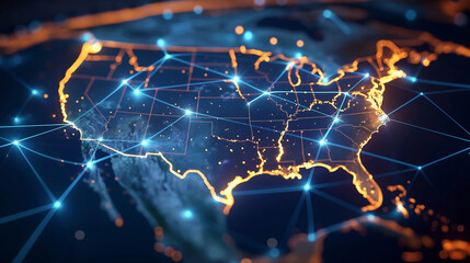 Glowing Digital Map of the United States Network Connectivity