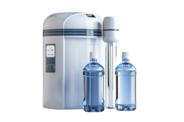A modern home water filtration system with two blue water bottles, ensuring clean and safe drinking water for households.