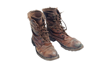 A pair of worn-out, weathered brown leather boots with laces, conveying a rustic and rugged aesthetic.