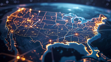 Glowing Digital Map of the United States Network Connectivity