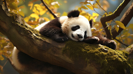 Obraz premium Panda sleeping on a tree, wildlife