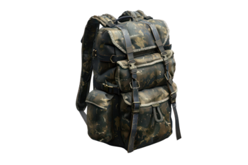 Camouflage military-style backpack with multiple pockets and straps, ideal for outdoor adventures, hiking, or camping trips.