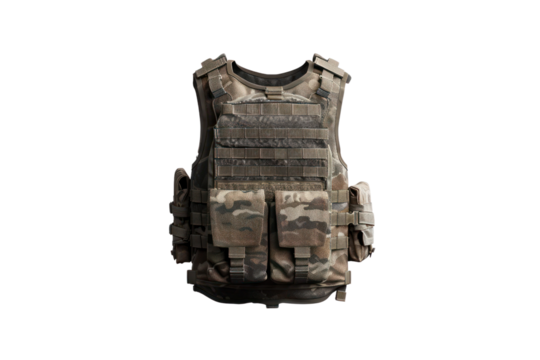 Camouflage tactical military vest with multiple pockets, suitable for outdoor activities, survival gear, and combat purposes.