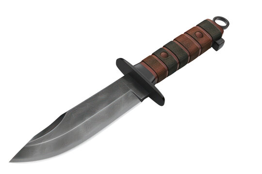 Close-up image of a combat knife with a sharp stainless steel blade and a wooden handle, isolated on a white background.