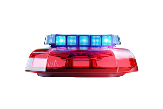 Close-up image of a police car siren light with red and blue lights isolated on a white background.