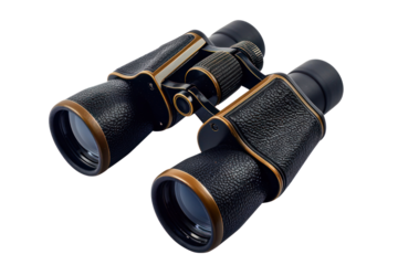 Close-up view of vintage binoculars with leather accents, isolated on white background, perfect for adventure and exploration themes.