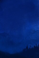 Watercolor painting of night sky with forest vertical