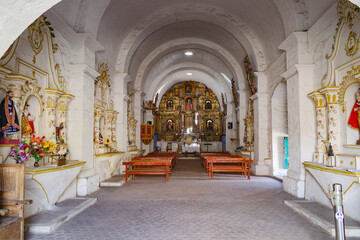 Sibayo, Peru - Dec 5, 2023: Ornate interior of the colonial Church Iglesia de Sibayo, Arequipa