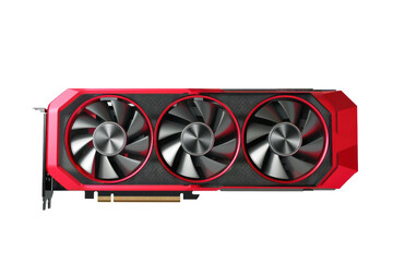 High-end red graphics card with triple fans designed for gaming and high-performance computing applications, isolated on a white background.