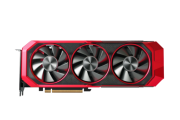 High-end red graphics card with triple fans designed for gaming and high-performance computing applications, isolated on a white background.