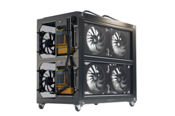 High-performance computer server with cooling fans and advanced hardware setup for data processing and storage solutions.